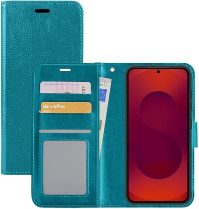 Hoesje - Met Pasjeshouder - Geschikt voor Samsung Galaxy S25 Edge - Luxe Bookcase Portemonee - Flip Case - Kunstleer Book Case - Flipcase - Book Cover - Walletcase - Portemonneehoes - Turquoise
