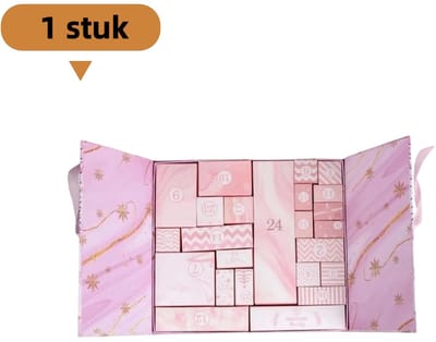 1 artikel - Blinde doos voor een 24-daagse aftelkalender voor Kerstmis - Kerstavondcadeau - Kleine geschenkdoos - Genummerde compartimenten - Geschikt voor meisjes, jongens, kinderen, feestdagen - Roze