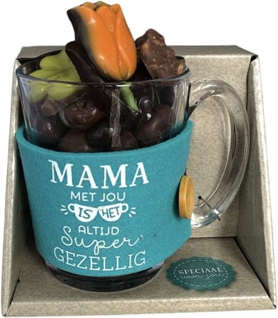 Moederdag - Theeglas - Mama met jou is het altijd gezellig - Chocolade mix - Cadeauverpakking