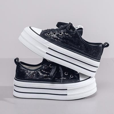 Nieuwe Dames Pailletten met Dikke Zool Canvas Schoenen Lente/Zomer Student Gevulkaniseerde Schoenen Casual Hardloopsneakers 40 black