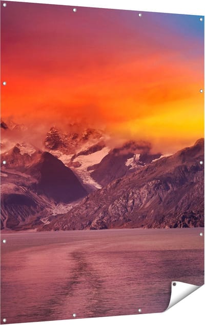 Gards Tuinposter Meer bij de Bergen bij Zonsondergang - 120x160 cm - Tuindoek - Tuindecoratie - Wanddecoratie buiten - Tuinschilderij
