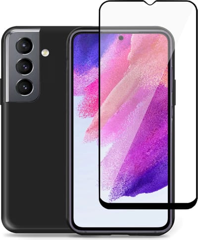 Hoesje geschikt voor Samsung S21 FE - Full Screenprotector - Suède Back Cover Case Zwart