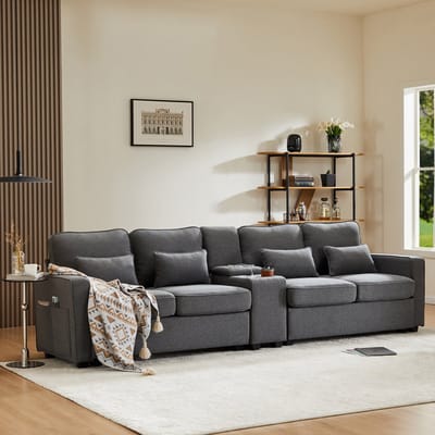 REDOM Bankstel 4-zits Loungebank 290 cm - Linnen Donkergrijs - Met Console, Bekerhouders & USB-poorten - Moderne Bank voor Woonkamer - comfortabele Sofa met Opbergzakken