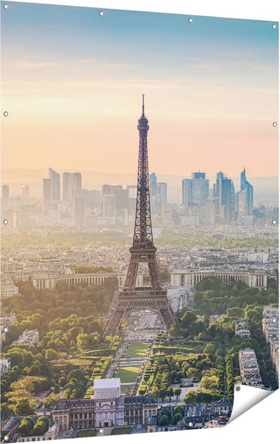 Gards Tuinposter Skyline van Parijs met de Eiffeltoren - 120x160 cm - Tuindoek - Tuindecoratie - Wanddecoratie buiten - Tuinschilderij