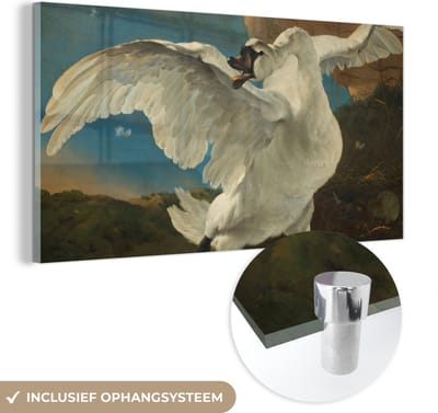 MuchoWow® Glasschilderij 40x20 cm - Schilderij acrylglas - De bedreigde zwaan - Schilderij van Jan Asselijn - Foto op glas - Schilderijen