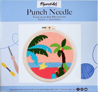 Figured'Art Punch Needle Kit voor Volwassenen en Kinderen - Op het strand - Perfect voor Beginners. Compleet klaar-om-te-borduren set, maat 20x20 cm met ronde frame
