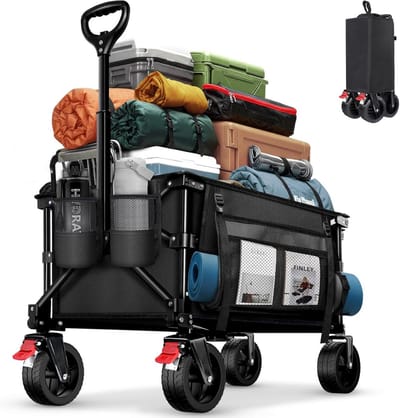 Inklapbare Handwagen - Vouwbare Kar Transportkar - Boodschappen Vervoeren - Grote All-Terrain Wielen - 130L - Zwart