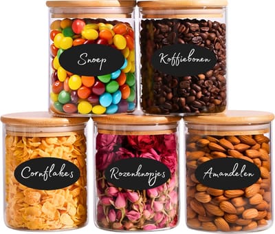 Five Stars® Voorraadpotten - Glas met deksel - 750 ML - 5 delige set - BPA vrij - Met Pen & Herschrijfbare Stickers - Snoeppot