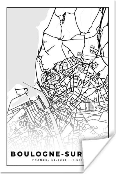 Poster Kaart – Stadskaart – Frankrijk – Plattegrond - Boulogne-sur-Mer - Zwart wit - 120x180 cm XXL
