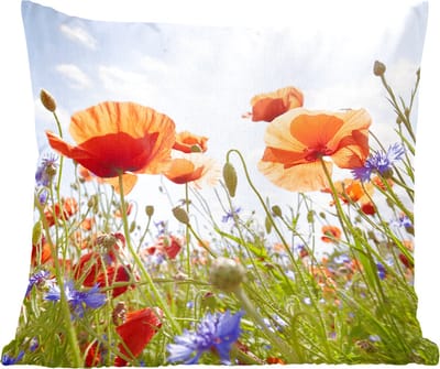 Sierkussens - Kussentjes Woonkamer - 60x60 cm - Bloemen - Klaproos - Lente - Natuur - Rood - Blauw