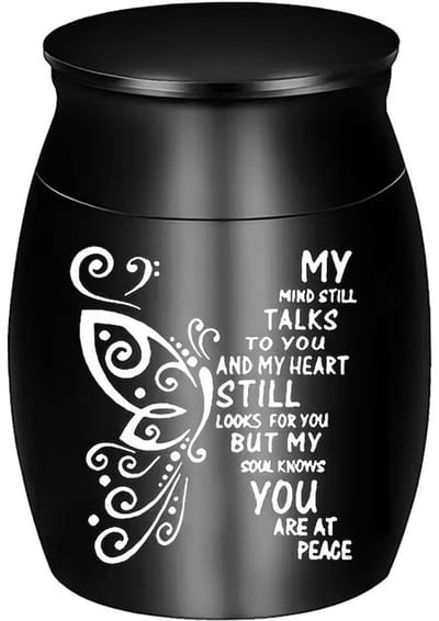 Mini urn/keepsake ,zwart,vlinder met tekst,geschikt voor een klein beetje as,haarlokje of vacht.