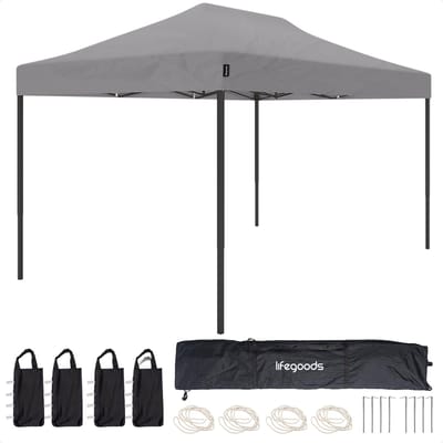 LifeGoods Partytent - Paviljoen - EasyUp - Opvouwbaar - Waterdicht - Met Draagtas met wieltjes - 440 x 297 cm - Donkergrijs