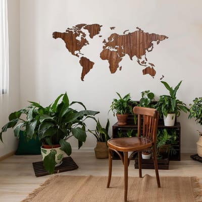Wereldkaart wanddecoratie - Houten wereldkaart - echt hout - Walnoot - Large (135 x 65 cm) - Mercator projectie - design - muurdecoratie hout