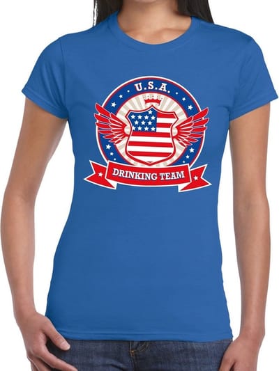 Blauw USA drinking team t-shirt blauw dames - USA kleding XS