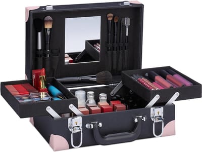 Quvo® Kapperskoffer - Kapperstrolley - Mobiele Koffer voor Kappers - Beauty Koffer - Pedicure Koffer - Nagelstyliste Koffer - Visagie Koffer - Schoonheidsspecialiste – met Spiegel - Zwart - 31 cm x 31 cm x 23 cm