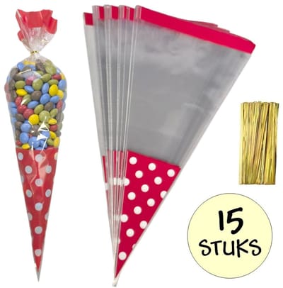 15x Cellofaan Puntzakken Rode Stippen 37x18 cm - Uitdeelzak - Traktatie Zak - Snoepzak - Inclusief Sluitstrips - 18x37 cm - Rood - 15 Stuks