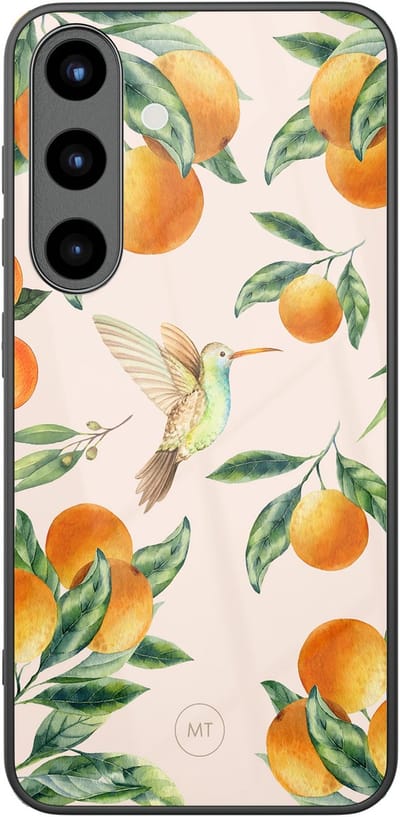 Hoesje geschikt voor Samsung Galaxy S25 - Tropical fruit - Hard Case Zwart Back Cover - Natuur - Oranje - Mooie Telefoonhoesjes