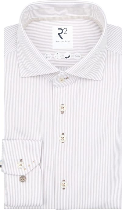 R2 Overhemd Knitted Stripes Beige - Maat 38 - Heren - Overhemden Formeel
