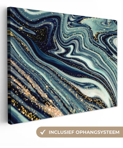 Canvas schilderij 40x30 cm - Wanddecoratie Marmer - Goud - Blauw - Glitter - Marmerlook - Abstract - Muurdecoratie woonkamer - Slaapkamer decoratie - Kamer accessoires - Schilderijen op canvas