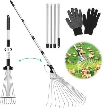 Tuinhark met Handvat en Tuinhandschoenen, Verstelbare Hark van Staal voor Bladeren, Ideaal voor Tuinonderhoud en Schoonmaken van Plantbedden en Gazons