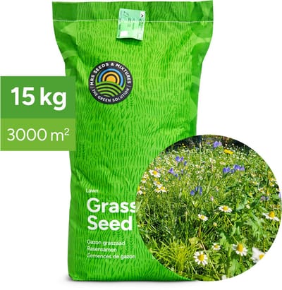 MRS Flower Field - Graszaad met bloemenmix - 15 kg voor 3.000 m² - 80% graszaad, 20% bloemen - met 29 laagblijvende bloemsoorten - Lokt bijen en vlinders - Kleurrijk bloemengazon
