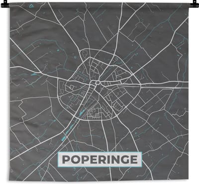 Wandkleed - Wanddoek - Stadskaart – Grijs - Kaart – Poperinge – België – Plattegrond - 180x180 cm - Wandtapijt