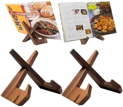 PromoHome 2 stuks houten kookboekstandaard, boekenhouder leesstandaard voor keuken, receptenhouder, boekenstandaard van grenenhout, vintage design voor kookboeken en tijdschriften