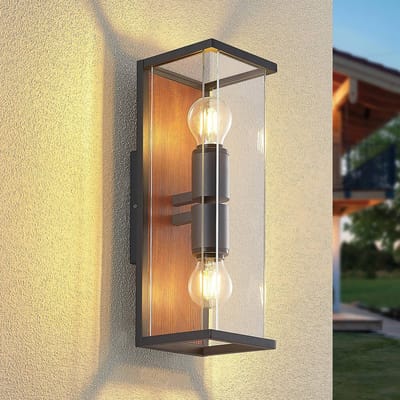 Lucande - Wandlamp buiten - 2lichts - drukgegoten aluminium, SPC, glas - H: 40 cm - E27 - grafiet, helder, hout donker