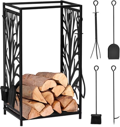 HHHK - Brandhoutrek - Houtopslag Binnen en Buiten - 30x46x70xm - Metaal - Zwart - Haardhout Opslag - Haardhoutrek - Openhaard