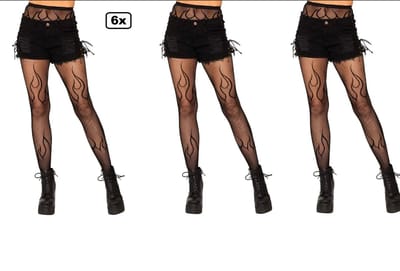 6x Netpanty Flames print zwart - vlammen - Halloween horror creepy snake festival thema feest panty
