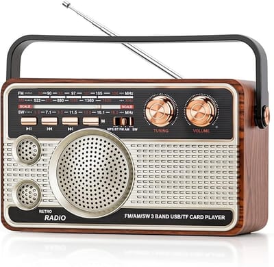 Retro radio vintage houten handradio, oplaadbare multiband (FM/AM/SW) met super heavy bass, draaggreep, 8-12 uur looptijd - thuis kantoor outdoor, ideaal als decoratie en dagelijks gebruik