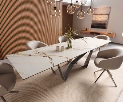 Eetkamertafel Edge keramiek Calacatta Luxe wit-goud-grijs 300x100 spider vlak staal RVS