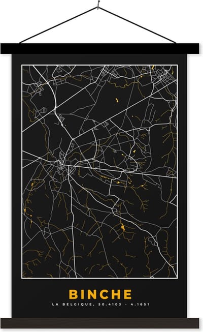 Posterhanger incl. Poster 40x60 cm - Schoolplaat - Binche - Stadskaart - Kaart - Plattegrond - Gold - Textielposter - Zwarte latten - Stadskaart