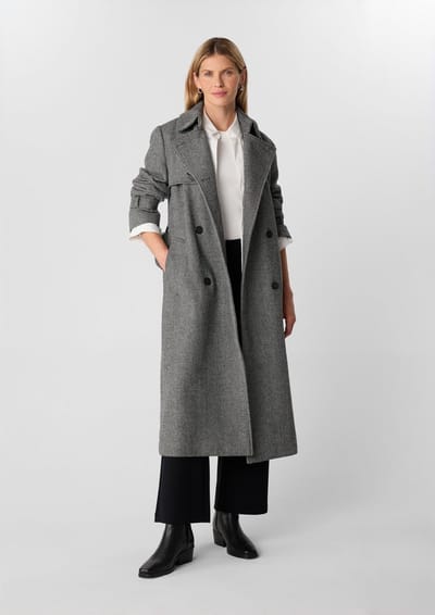 Maxi Trench Jas in Gemêleerde Wol met Chevronmotief Dames COMMA