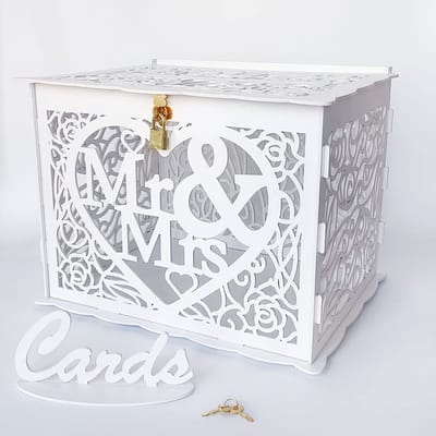 Nieuwste design brievenbus bruiloft cadeaubonnen doos vintage grote DIY houten kaartenbox gelddoos met slot voor verjaardag babyshower jubileum (Mr & Mrs, wit)