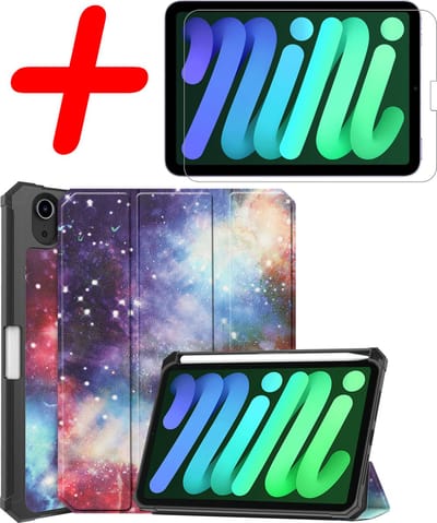 Hoesje Geschikt voor Apple iPad Mini 6 (2021) - 8.3 inch - 6e Generatie - Met Screenprotector - Trifold Bookcase - Hard Cover Case - Met Uitsparing Geschikt voor Apple Pencil - Hardcover Book - Tablet Hoes - Galaxy