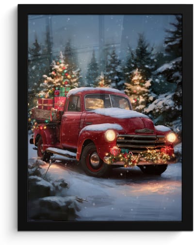 Poster in lijst - Fotolijst 30x40 cm - Posters - Kersttruck - Sneeuwbos - Rood - Posterlijst zwart - Decoratie - Wanddecoratie woonkamer - Muurdecoratie slaapkamer - Kerstversiering - Kerstdecoratie voor binnen - Kerstmis