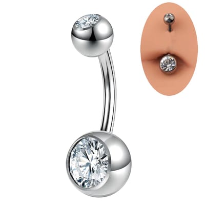 Navelpiercing chirurgisch staal Zilver - 10 mm - navelpiercings met 2 Zirkonia balletjes met steentje