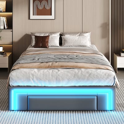 VVBV Eenpersoonsbed 90x200 cm met Metalen Lattenbodem, Voor Slaapkamer/Gastenkamer - Hoofdbord - Metaal/PU-leer Grijs