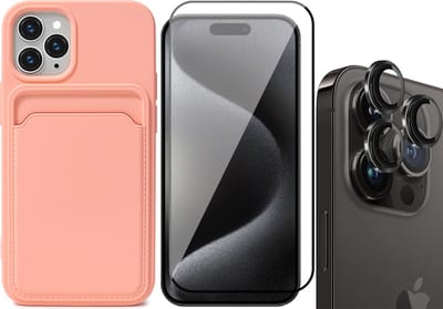Hoesje Pasjeshouder geschikt voor iPhone 15 Pro - Screenprotector FullGuard + Camera Lens Screen Protector Zwart - Siliconen Case Back Cover Roze