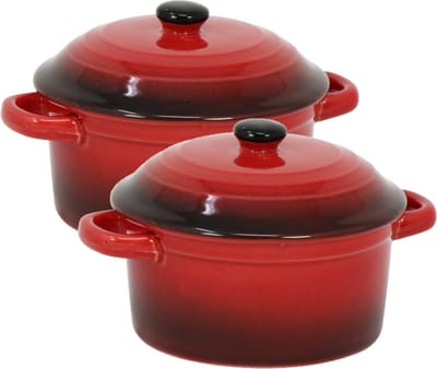 Excellent Houseware Mini stoofpannetje - Set van 4x stuks - ovenschaaltje - rood - 9 cm - porselein - serveerschaaltje - Tapaspannetje