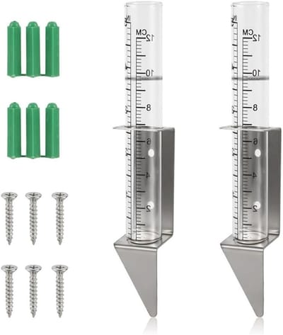 Regenmeter Set - Glas en Metaal - Tuin Natuurlijk - Roestvrijstalen Houder - 2 Stuks - Transparant Zilver
