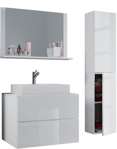 VCM 4-tlg. Waschplatz Waschtisch | Waschbecken Unterschrank Breite 80 cm | Badmöbel Set mit Schubladen Drehtüren Spiegel | Lendas L