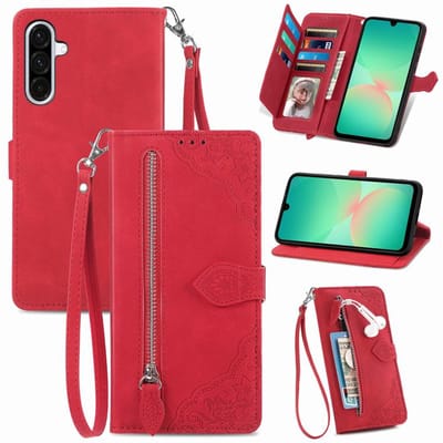elestore - telefoonhoesje geschikt voor Samsung Galaxy A26 5G / A17 / A16 - Portemonnee met rits - book-case hoesje - ruimte voor 7 pasjes - mandala bloemen rood