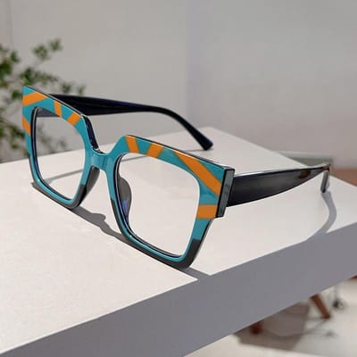 KAMMPT Oversized Vierkante Bril Dames Vintage Patchwork Blauw Licht Blokkering Stijlvolle Bril Zonder Sterkte
