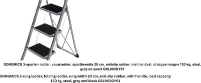 3-sporten ladder - vouwladder - sportbreedte 20 cm - antislip rubber - met handvat - draagvermogen 150 kg - staal - grijs en zwart