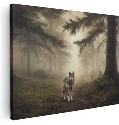 Artaza Canvas Schilderij Wolf In Mistig Bos - Natuur - Dieren - 40x30 cm - Klein - Wanddecoratie Woonkamer - Schilderijen - Muurdecoratie