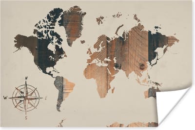 Poster 30x20 cm - Wereldkaart - Houten Plank - Windroos - Posters - Kamer decoratie - Wanddecoratie woonkamer - Muurdecoratie slaapkamer