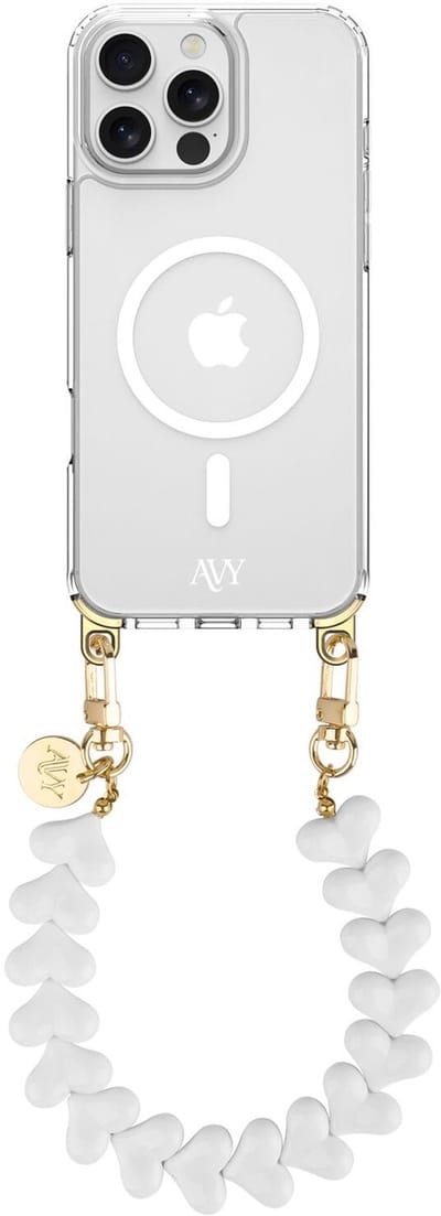 AVY Hoesje geschikt voor Apple iPhone 16 Pro Max | Compatibel met MagSafe | Clear Case met Telefoonkoord 30CM | Polsband Cupid White