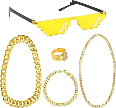 Complete Set van Kostuumaccessoires met Gouden Ketting voor 70s, 80s en 90s Themafeesten - HipHop en Rapper Outfit Essentials